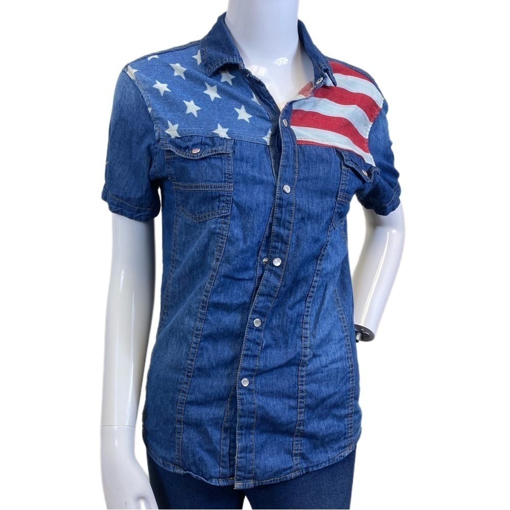 Jeans Button Up Shirt with Stars and Stripes Shoulder - Large
